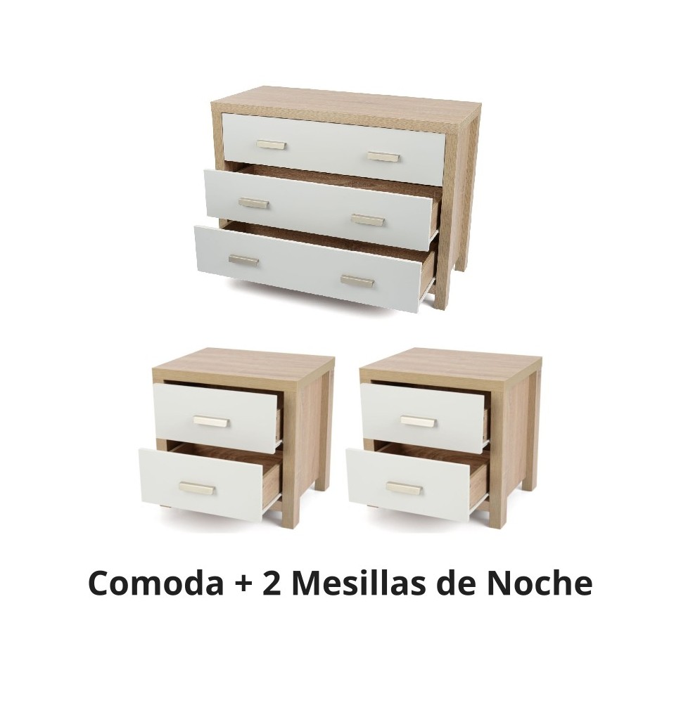 Conjunto de Comoda + 2 Mesillas de Noche - Pack de 3 Piezas