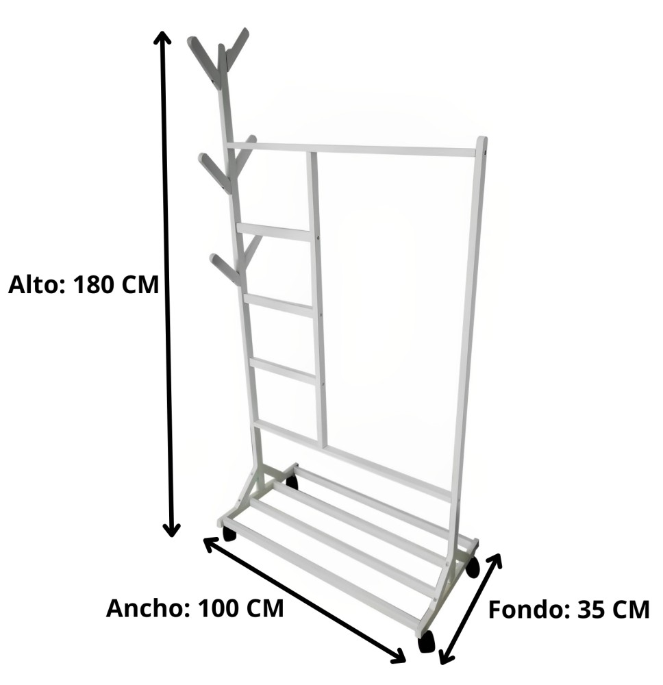 (SALDO) Perchero colgador multiusos con ruedas,  portatil, madera maciza color blanco