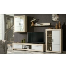 Meyvaser Mueble de salón y TV Moderno con Leds Color Cambria y Blanco Módulo de Comedor 259 Cm