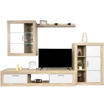 Meyvaser Mueble de salón y TV Moderno con Leds Color Cambria y Blanco Módulo de Comedor 259 Cm