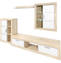 Meyvaser Mueble de salón y TV Moderno con Leds Color Cambria y Blanco Módulo de Comedor 259 Cm