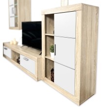 Meyvaser Mueble de salón y TV Moderno con Leds Color Cambria y Blanco Módulo de Comedor 259 Cm