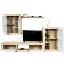 Meyvaser Mueble de salón y TV Moderno con Leds Color Cambria y Blanco Módulo de Comedor 259 Cm