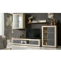 Meyvaser Mueble de salón y TV Moderno con Leds Color Cambria y Grafito Módulo de Comedor 259 Cm