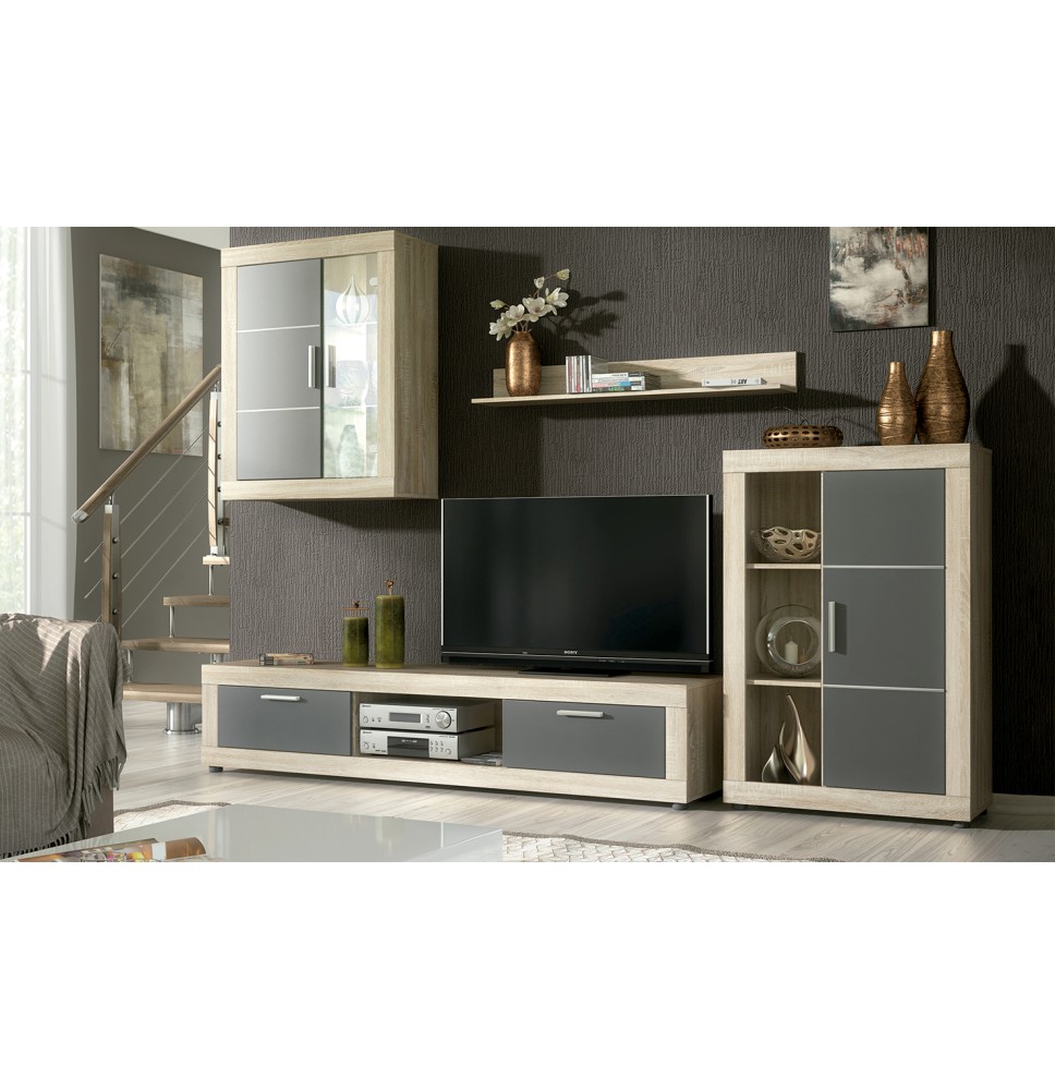 Meyvaser Mueble de salón y TV Moderno con Leds Color Cambria y Grafito Módulo de Comedor 259 Cm