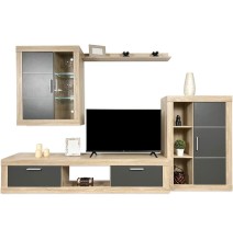 Meyvaser Mueble de salón y TV Moderno con Leds Color Cambria y Grafito Módulo de Comedor 259 Cm