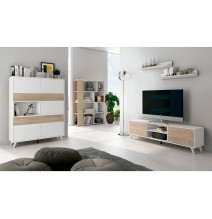 Conjunto de Salón Mueble Completo: Bajo TV, Vitrina, Estantería Decorativa y 2 Estantes - Estilo Roble y Blanco.