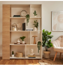 Conjunto de Salón Mueble Completo: Bajo TV, Vitrina, Estantería Decorativa y 2 Estantes - Estilo Roble y Blanco.