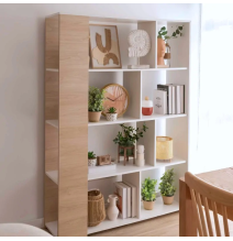 Conjunto de Salón Mueble Completo: Bajo TV, Vitrina, Estantería Decorativa y 2 Estantes - Estilo Roble y Blanco.