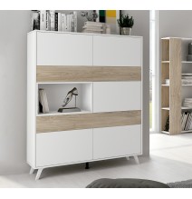 Conjunto de Salón Mueble Completo: Bajo TV, Vitrina, Estantería Decorativa y 2 Estantes - Estilo Roble y Blanco.