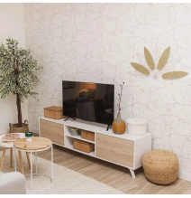 Conjunto de Salón Mueble Completo: Bajo TV, Vitrina, Estantería Decorativa y 2 Estantes - Estilo Roble y Blanco.