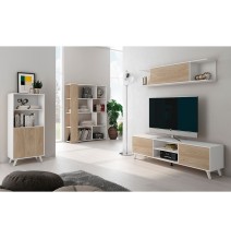 Conjunto de Salón Mueble Completo: Bajo TV, Mueble Bar, Estantería y Mueble Colgar - Estilo Roble y Blanco.