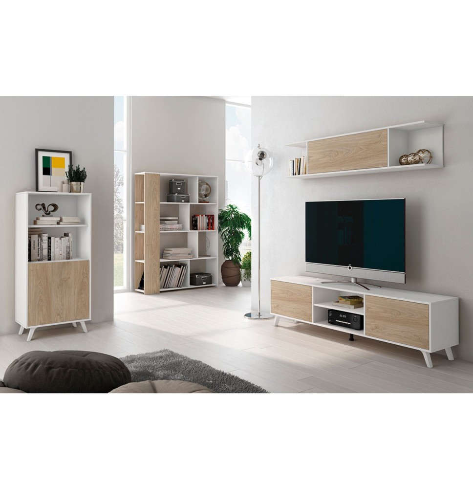 Conjunto de Salón Mueble Completo: Bajo TV, Mueble Bar, Estantería y Mueble Colgar - Estilo Roble y Blanco.