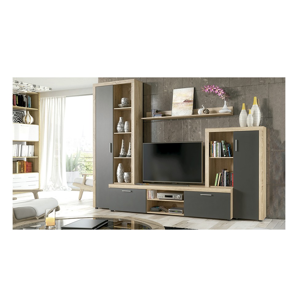 Meyvaser Mueble de salón y TV Composición de salón grande 263 Cm Cambrian- Grafito en madera de gran calidad