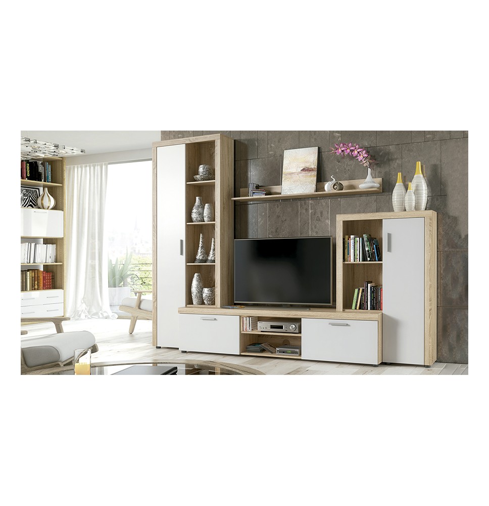 Meyvaser Mueble de salón y TV Composición de salón grande 263 Cm Cambrian-Blanco en madera de gran calidad